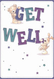 Brimming with playful optimism and warmth, this illustrated get well card brings to mind the friendly atmosphere of North Finchley's local streets and parks. Two charming figures-a cuddly teddy bear and a spirited puppy-spring from the page, each joyfully interacting with the oversized, colourful letters that spell 'Get Well' in bold sweeps of indigo and teal. The energetic type rises against a soft, creamy-white background, projecting encouragement and heartfelt cheer reminiscent of a fresh bouquet arriving at a North Finchley doorstep. Scattered stars in gentle blue and violet scatter blessings across the composition, suggesting hope and new beginnings just like the first signs of spring at Friary Park. The animals' fur is drawn with evident care-soft and tactile, inviting a sense of comfort and gentle smiles. The entire card feels like an emotional salve, perfectly suited for sending reassurance and support to someone in recovery nearby, ensuring they know the warmth of their community is with them. This thoughtful design speaks to the way a card, much like freshly arranged local flowers, can turn a simple message into an uplifting gesture filled with genuine North Finchley spirit.